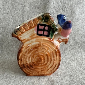 Vintage planter, blue bird on log house, hand painted, made in Japan
