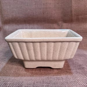 May include: A beige rectangular ceramic planter with a textured, ribbed design on the sides. The planter has a square shape and sits on a small, raised base. The interior is a lighter shade of beige.