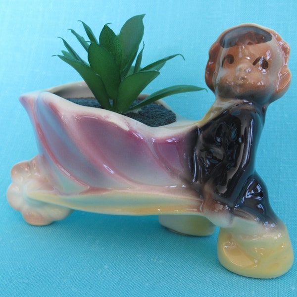 Vintage Shawnee planter, pixie elf pushing cart