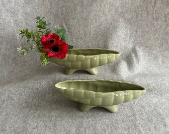 Vintage pair of console bowls, planters, narrow oblong, light olive green