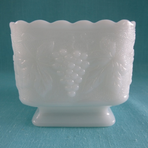 Vintage milk glass square pedestal dish, Anchor Hocking, grape and leaf design with stippling, planter/candy dish/compote dish