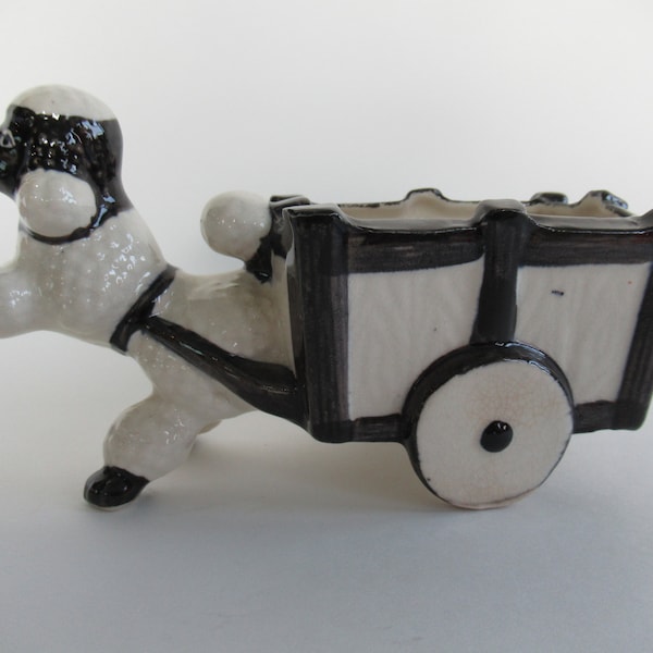 Vintage planter, white and black poodle pulling cart, made in Japan