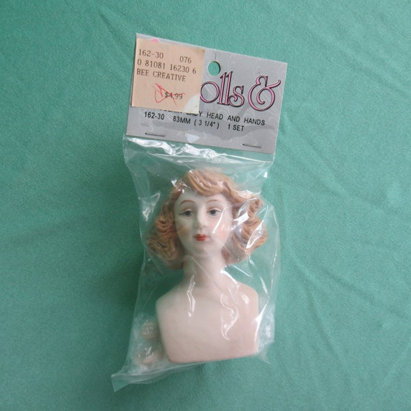 Vintage porcelain doll head and hands, 3 1/4 inch - 83mm