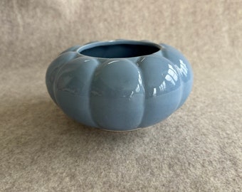 Vintage blue planter, round with wide ribbing, lotus bowl, small console bowl