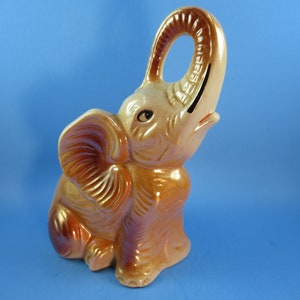 Vintage elephant figurine, ceramic lusterware sculpture, lucky trunk up, made in Brazil, 1970&#39;s