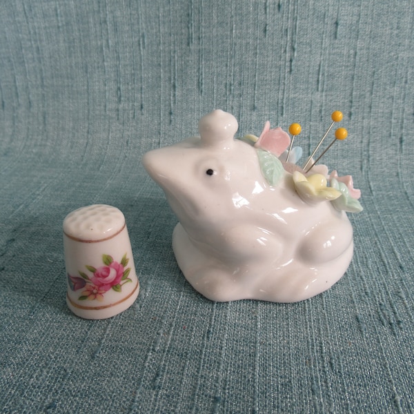 Vintage frog pincushion with applied flowers and thimble, bone china, ARDALT