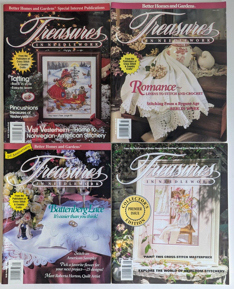 Op de afbeelding: Vier vintage "Treasures in Needlework" tijdschriften. De covers tonen kruissteek- en handwerkprojecten, waaronder kantklossen, Battenberg-kant en erfgoedborduurwerk. De tijdschriften zijn van Better Homes and Gardens.