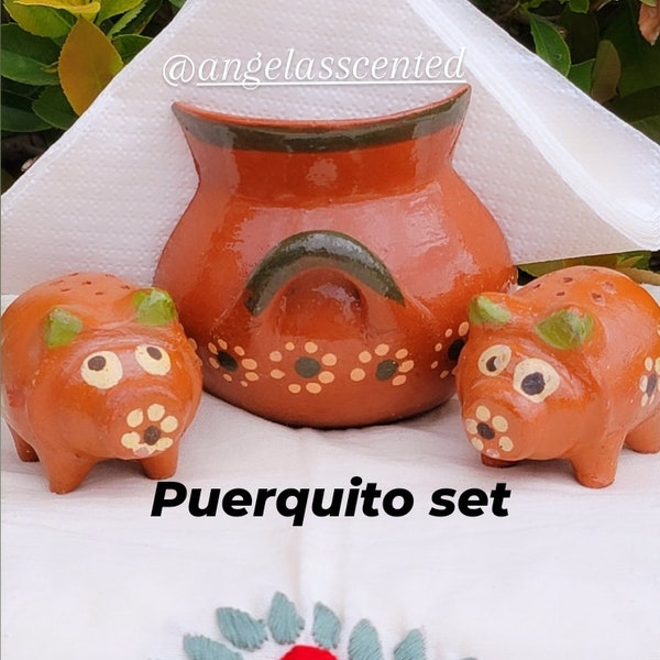 Mexican Clay Napkin Holder 3 piece set with Salt & Pepper Shakers/Handmade/Barro Mexicano