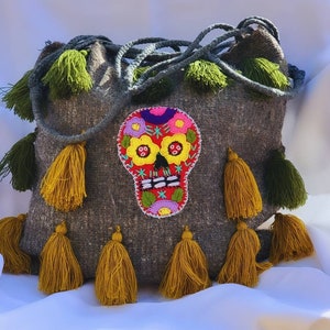 HandCraft Natural Wool Shoulder Bag, Hand Embroidered with a beautiful Mexican Catrina Skull, Pom Pom Design,Wool Tote Bag image 1