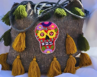 HandCraft Natural Wool Shoulder Bag, Hand Embroidered with a beautiful Mexican Catrina Skull, Pom Pom Design,Wool Tote Bag
