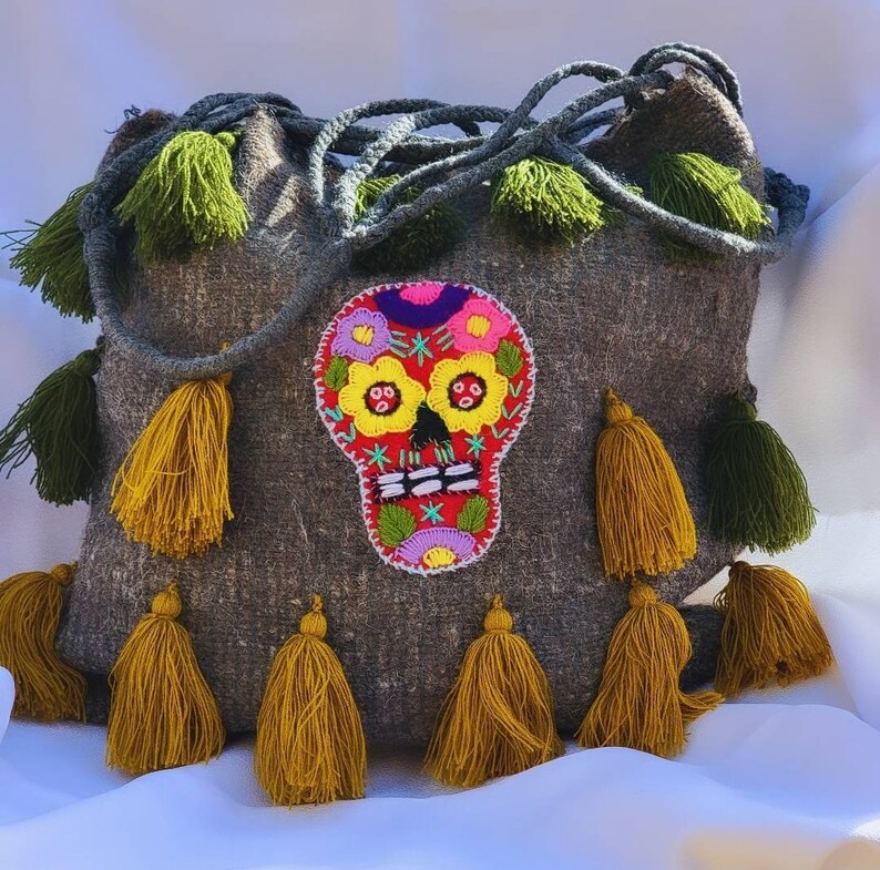 HandCraft Natural Wool Shoulder Bag, Hand Embroidered with a beautiful Mexican Catrina Skull, Pom Pom Design,Wool Tote Bag image 1