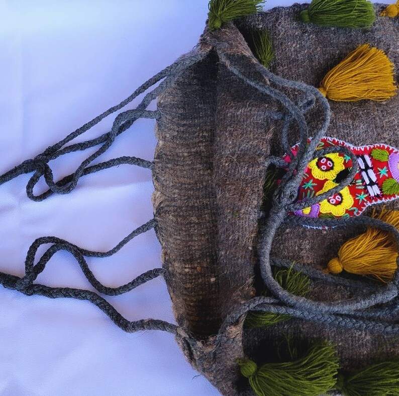 HandCraft Natural Wool Shoulder Bag, Hand Embroidered with a beautiful Mexican Catrina Skull, Pom Pom Design,Wool Tote Bag image 10