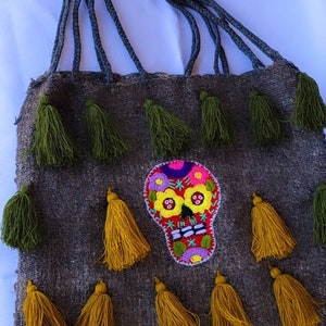 HandCraft Natural Wool Shoulder Bag, Hand Embroidered with a beautiful Mexican Catrina Skull, Pom Pom Design,Wool Tote Bag image 2