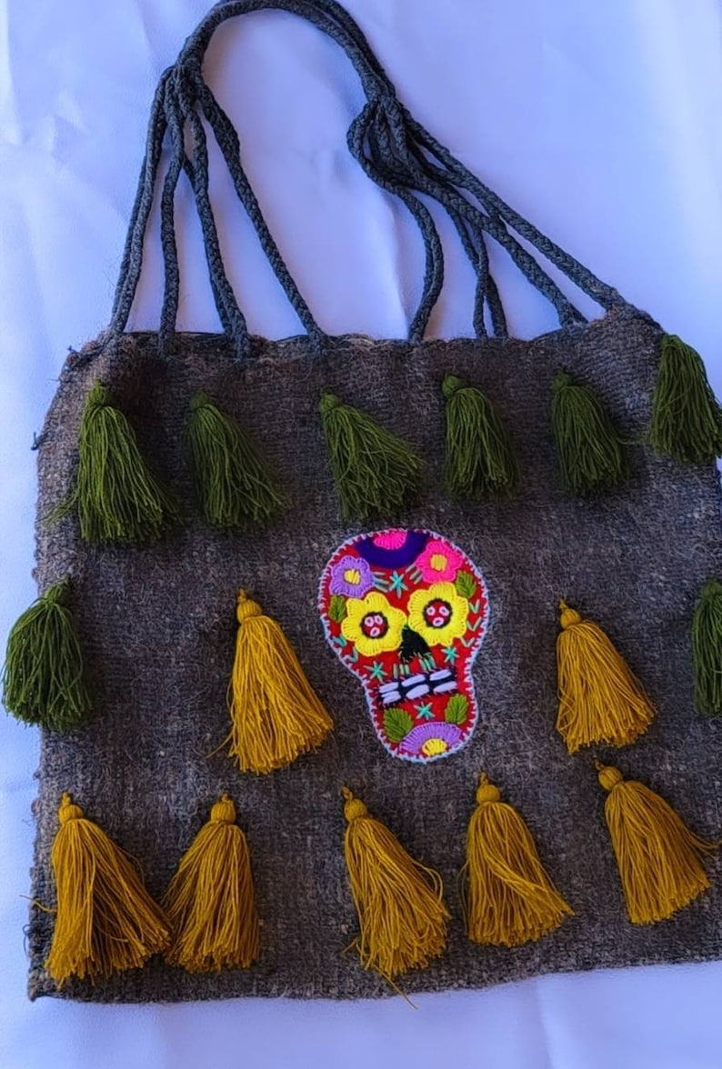 HandCraft Natural Wool Shoulder Bag, Hand Embroidered with a beautiful Mexican Catrina Skull, Pom Pom Design,Wool Tote Bag image 2