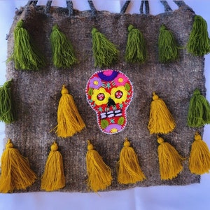 HandCraft Natural Wool Shoulder Bag, Hand Embroidered with a beautiful Mexican Catrina Skull, Pom Pom Design,Wool Tote Bag image 4