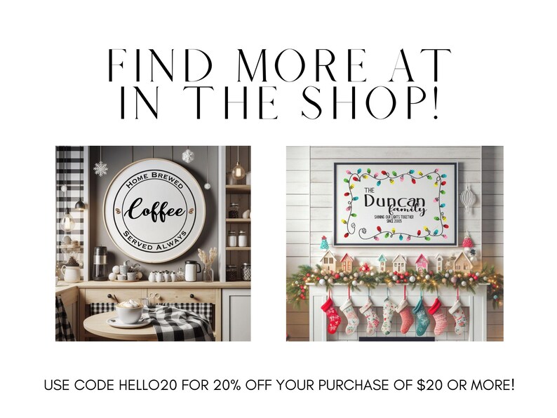 May include: Two digital art prints, one with a white background and the text "Home Brewed Coffee Served Always" in a black circle, and the other with a white background and the text "The Duncan Family" in a black circle with colorful lights around it. Both prints are framed and displayed on a wall.