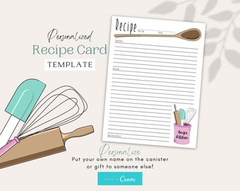 Customizable Recipe Card Template, Wooden Spoon Recipe Card, Canva Template, Personalized Recipe Cards, Bridal Shower Gift, Cute Recipe Card