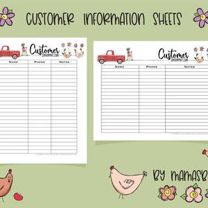 May include: Two printable customer information sheets with a red truck and chickens. The sheets have columns for name, phone, and notes.