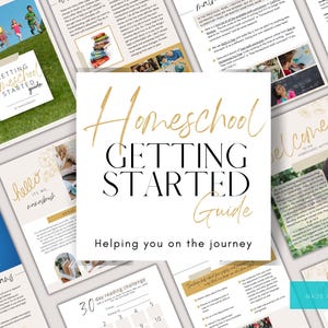 Może przedstawiać: Przewodnik po nauczaniu domowym w złotej i białej kolorystyce. Tytuł to "Homeschool Getting Started Guide", a podtytuł to "Helping you on the journey".