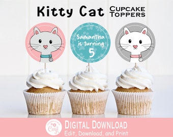 Kitty Cat Cupcake Toppers, Kitten Party Cupcake Decor, Teal and Pink Girl Birthday, Kitty Cat Birthday party, Corjl customizable party decor