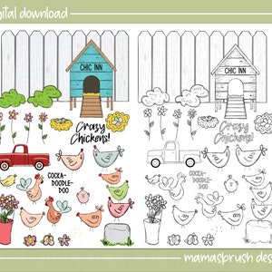 May include: A digital download of a set of black and white illustrations featuring a chicken coop, a truck, chickens, and flowers. The text "Crazy Chickens!" is included in the image. The illustrations are perfect for coloring pages, crafts, and other creative projects.