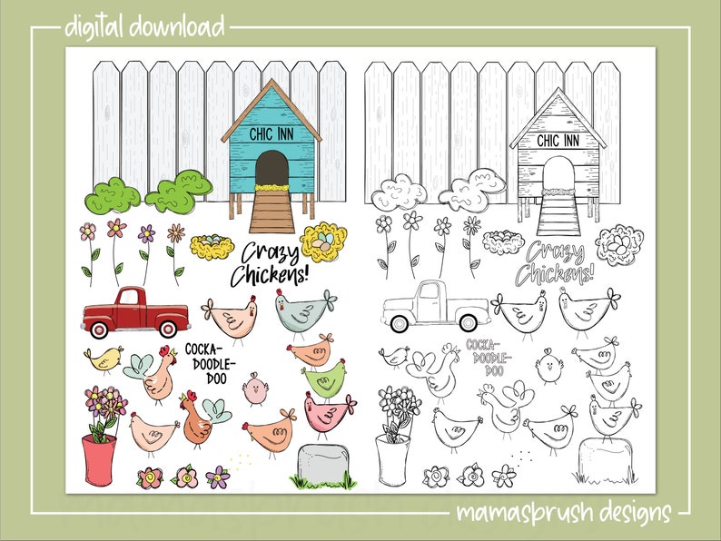 May include: A digital download of a set of black and white illustrations featuring a chicken coop, a truck, chickens, and flowers. The text "Crazy Chickens!" is included in the image. The illustrations are perfect for coloring pages, crafts, and other creative projects.
