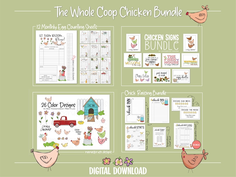 May include: A digital download bundle for chicken owners, featuring 12 monthly egg counting sheets, 26 color designs, a chick raising bundle, and a set of chicken signs. The bundle includes printable checklists, trackers, and signs with cute chicken illustrations.