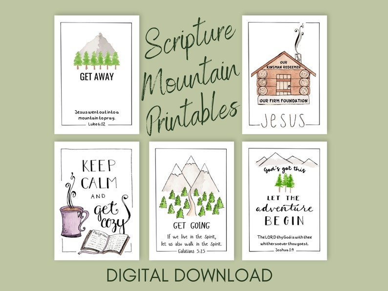 Editable Mountain Theme Christian Prints, Cabin Decor, Canva Template, Bible verses in your preferred version, church women's retreat, cards image 1