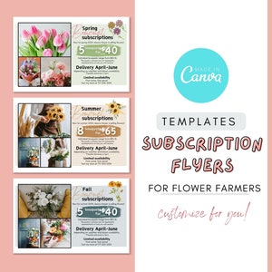 May include: Three colourful flyers with floral designs and text promoting flower subscriptions. The flyers are titled "Spring Bouquet Subscriptions", "Summer Bouquet Subscriptions", and "Fall Bouquet Subscriptions". Each flyer features a different floral arrangement and offers a different number of bouquets for a specific price. The flyers also include the text "Delivery April-June" and "Limited availability".