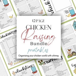 Può includere: Un pacchetto di 12 pagine stampabili per l'allevamento di polli, che include liste di controllo, tracker e altre informazioni utili. Le pagine sono decorate con illustrazioni fantasiose di polli, uova e altre immagini legate alla fattoria. Il titolo del pacchetto è "Pacchetto di 12 pagine stampabili per l'allevamento di polli: Organizza il tuo mondo di polli con fantasia."