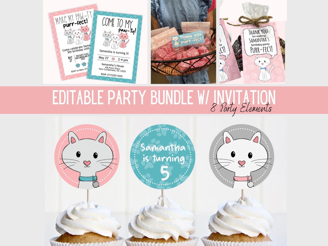 Cat Birthday Party Printables, Cat Party Pack, CUSTOMIZABLE Kitten ...