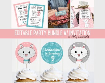 Cat birthday party printables, Cat Party Pack, CUSTOMIZABLE Kitten Party Kit, cat favor tags, cupcake toppers, straw flags, invitations