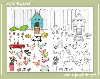 Chicken Clipart Set, Farm Yard Illustrations, Rooster, Chicken Coop (Digital Download)