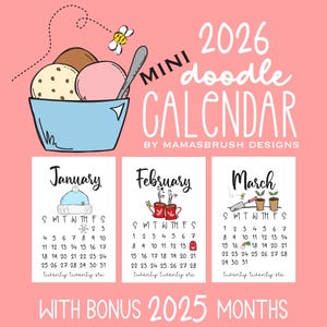 2026 Mini Doodle Calendar, Stocking Stuffer, Christmas Gift, Printable Calendar, Illustrated Calendar, Seasonal Artwork