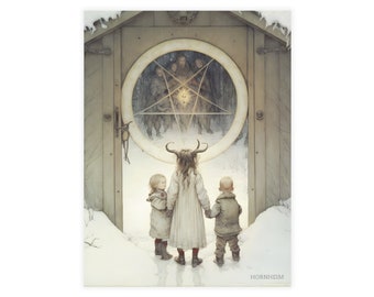 Hornheim Gate - Greeting Cards - Pagan Mythology Wiccan Yule Winter Solstice Norse Goat Children AI Art