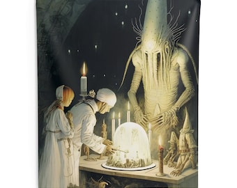 Rite of the Frozen Sun - Wall Tapestry Print Sacred Ritual Pagan Mythology Alien Monsters Mystical AI Art