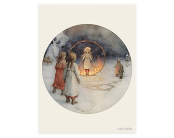 Witching Girl - Greeting Cards - Pagan Mythology Yule Winter Solstice Wiccan Goats Witch AI Art