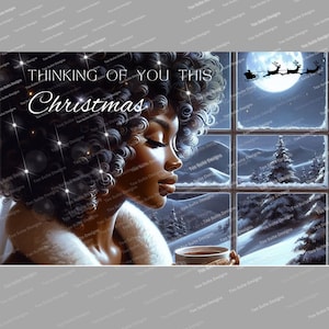 Afro-amerikanische Weihnachtskarte druckbare PNG, schwarze Mädchen-Frau, Afro-Urlaubs-Gruß, Notiz, Danke, leere Karte