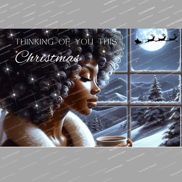 African American Christmas Card Printable PNG, Black Girl Woman, Afro Holiday Greeting, Note, Thank You, Blank Card