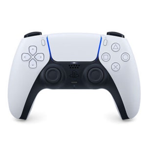 May include: A white wireless video game controller with black buttons and a blue light bar. The controller has a PlayStation logo on the front.