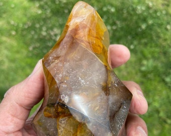 Large 5"/1.5 lbs, Golden Healer Flame, + Fire Quartz, Power Healer Combo, Hematoid Quartz, Golden Healer Quartz, Free Standing, Quartz Flame