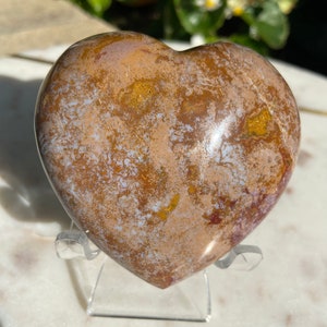 3.1&quot;x3&quot;x1.6&quot;| Solid Puffy Heart, Ocean Jasper Heart, Madagascan Crafted,  Root to Throat Chakras, with Stand, Gift for Her, Free Shipping