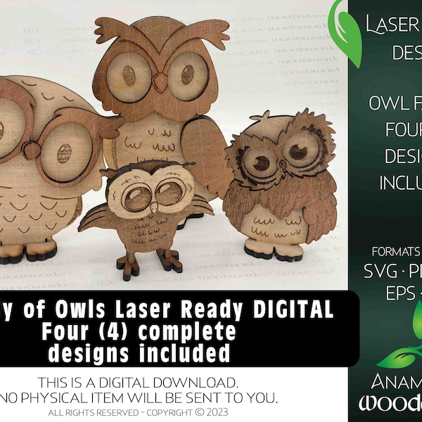 Set aus vier (4) süßen Eulen aus Holz, laserfertiges digitales Design | Glowforge Cut SVG Süße Eulen Hoot Stehendes Dekor graviert natürlich rustikal