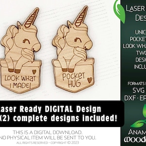 Unicorn Pocket Hug and Look What I made (2 digitale ontwerpen) Laser Ready Glowforge Magische regenboogeenhoorn Scrapbuster Token gift Pal
