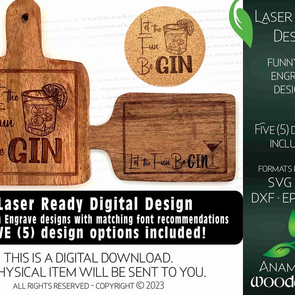 Set of 5 different Funny Gin Drink Laser Ready Engrave Designs | Glowforge SVG Let the Fun Begin Gin Tonic Martini Coasters Drink goes here