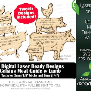 Meat Temperature Guide With Lamb - Celsius | Laser Ready Cut File -2 Designs BBQ Cooking Meat Chart Chicken Pork Beef Fish Grill Glowforge