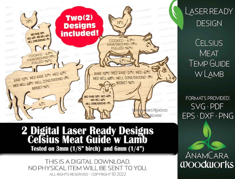 Puede incluir: Dos dise&ntilde;os digitales listos para l&aacute;ser para una gu&iacute;a de temperatura de la carne en Celsius con cordero. Los dise&ntilde;os presentan ilustraciones de una vaca, un cerdo, un cordero y un pollo con las temperaturas correspondientes para poco hecho, poco hecho, medio, medio hecho, bien hecho y cocido. Los dise&ntilde;os se han probado en 3 mm (1/8" de abedul) y 6 mm (1/4").