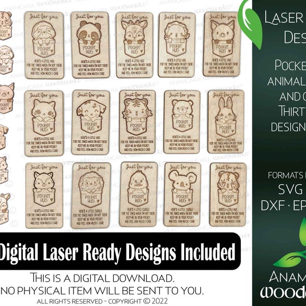 Pocket HUG Animal Tokens and Matching Cards (30 Digital Designs total) Laser Ready Design Bundle Glowforge files Cute Cuddle Hug Coin gift