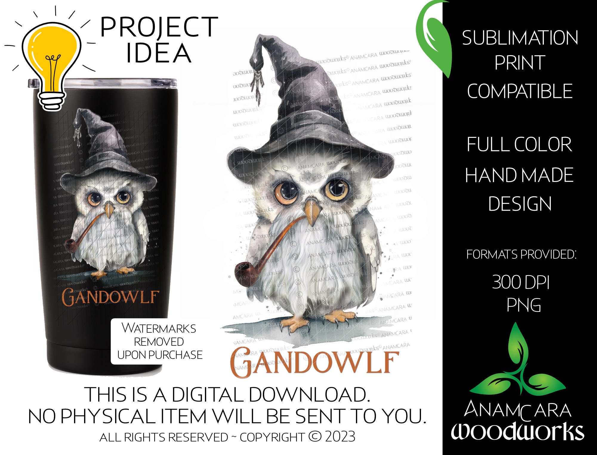 Gandowlf Wizard Hand Drawn Owl 4c Design | Sublimation or Print DTF PNG | Magic Wizard Gray Tumbler 