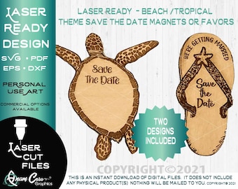 Save the Date schildpad en slippers laserklaar graveren snijbestanden strand tropische oceaan palmbestemming bruiloft houten save the date-magneet